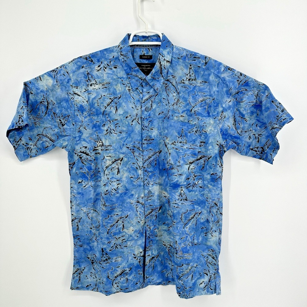 Pete Huntington Bali Hawaiian Shirt Mens L Blue Marlin Fishing Boat Vacation